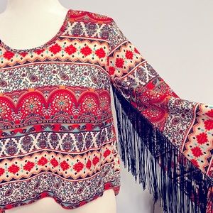 See You Monday Fringed Sleeve Hi Low Top Bell Sleeves Sz S EUC